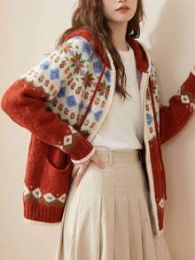 JIANHU Cárdigan con capucha con tema navideño, adornado con un patrón de punto a rayas con flores festivas, perfecto para Navidad y celebraciones de invierno - Rojo - Ver 3