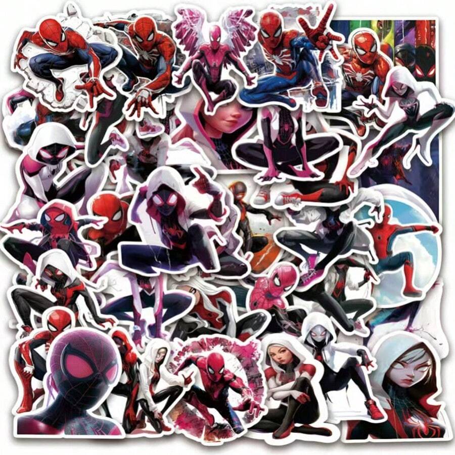 50pcs Marvel Pink Spider Stickers, Spider Man And His Friends Stickers, Perfect For Water Bottles, Laptops, Skateboards, Fashionable Superhero Sticker Pack For Teenagers And Fans. - Multicolor - View 1