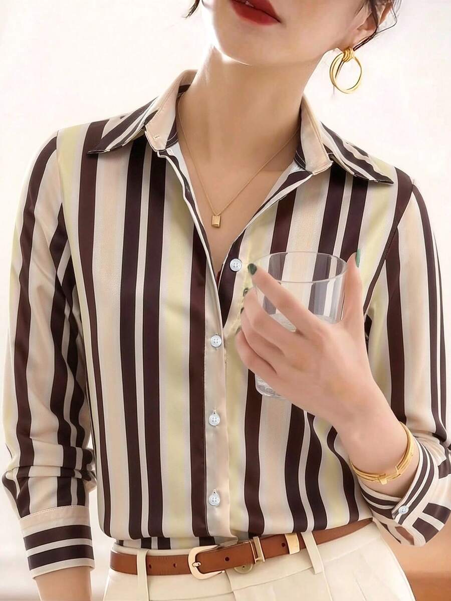 New Loose Long Sleeve Women Shirt, Solid Color Button-Up Blouse