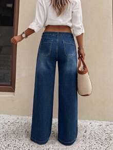 Straight-Leg Jeans With Button Details, Stretchy Long Casual Style Suitable For Multiple Occasions - Dark Wash - View 5