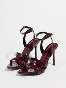 Women's High Heel Mirrored Criss-Cross Strap Classic Pumps, Suitable For Spring/Summer Night Party, Banquet, Outdoor, Vacation, Fashion Street, Runway, Wedding, Home & Casual Wear, Pointed Toe Electroplated Stiletto Sandals, Elegant High-Quality Solid Color Fabric Criss-Cross Buckle, Graceful High-End Wine Red Heels - Burgundy - View 6
