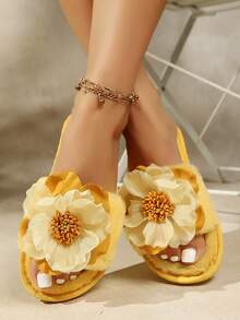 Women's Elegant Floral Embroidered Fabric Slippers, Casual Home Wear, All Season - Yellow - View 8