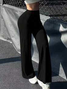 Pantalones acampanados ajustados de unicolor elegantes y modernos para el trabajo y el deporte para mujer, primavera - Negro 2 - Ver 6