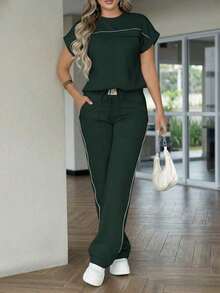 Conjunto de 2 piezas de mujer con top de cuello redondo de unicolor minimalista de manga corta y pantalones rectos de cintura alta, elegante para primavera/verano - Verde Oscuro - Ver 3