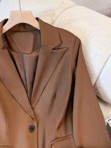 Chaqueta de blazer de unicolor con solapa para mujer, de manga larga con botones y bolsillos, adecuada para otoño, invierno y primavera.Chaqueta de oficina de manga larga, prenda exterior versátil para negocios y hogar, apta para otoño, invierno y primavera - Marrón - Ver 6