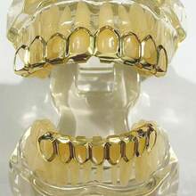 Hollow Open Vampire Fangs Upper Lower Full Set Teeth Grillz For Men Women, Rainbow Iridescent / Gold / Silver 3 Colors Hip Hop Gothic Rapper Dental Grills, Adjustable Non Permanent Party Mouth Jewelry Gift - 金色 - 查看 3