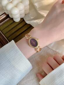 1pc Women's Oval Silver-Black Square Gold-Tone Dial Quartz Casual Watch, Suitable For Daily Wear - Burgundy - View 4
