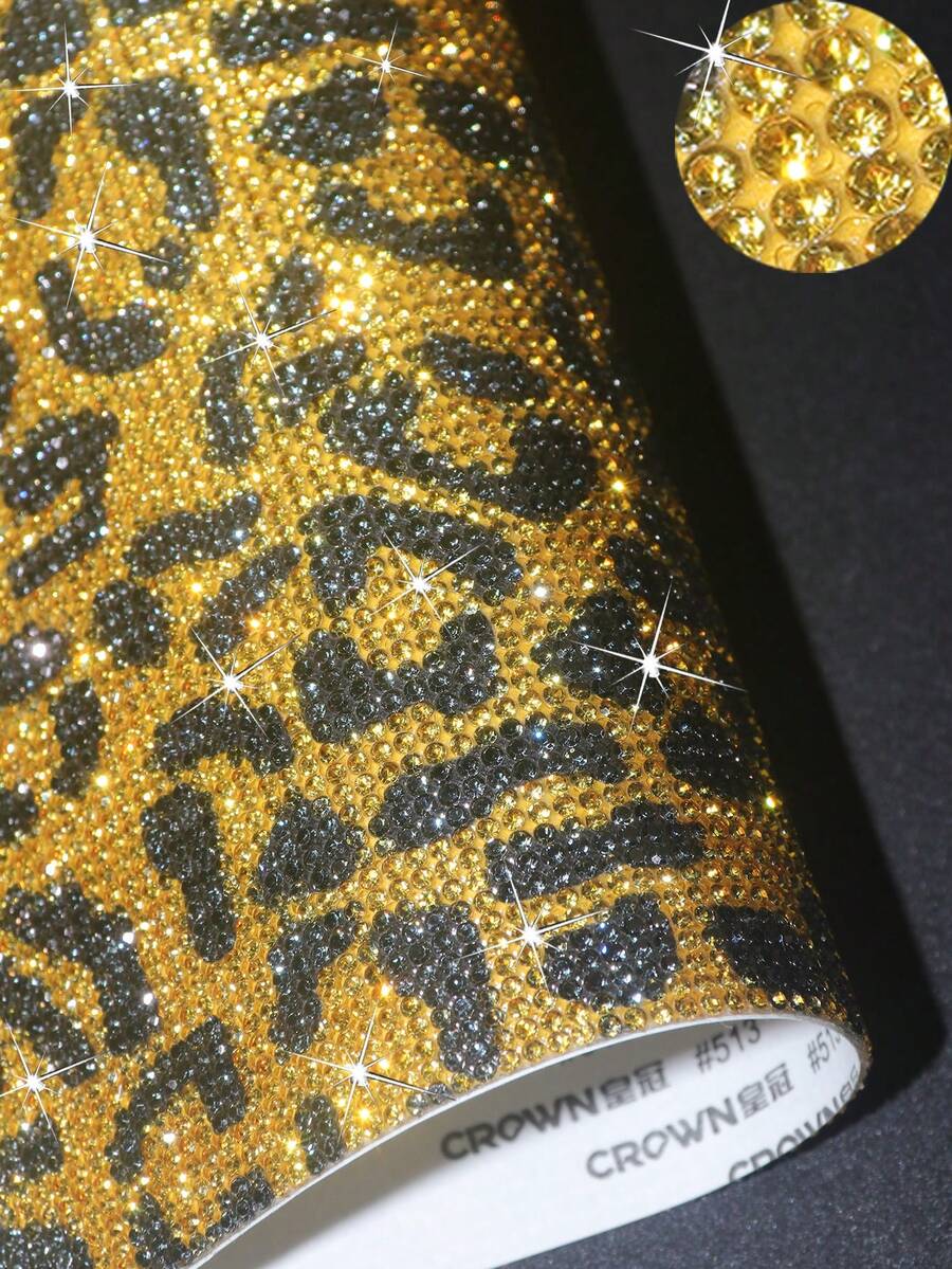 1pc Shiny Rhinestone Sticker, DIY Car Furniture, Cup, Photo Frame Decorative Sticker, Self-Adhesive Glitter Crystal Gem Sticker, Suitable For Car Decor, 4.45 X 9.37 Inch/8.96 X 9.37 Inch/9.37/12 Inch (Leopard Print) - Leopard - View 1