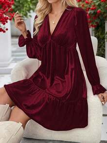 Vestido Elegante de Manga Larga con Volantes de Terciopelo, Primavera/Verano 2026 - Verde Oscuro - Ver 8
