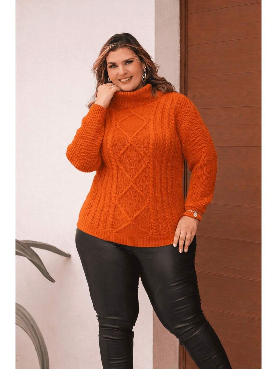 Plus Size Winter Knit Blouse With High Neck - Size GG - Orange - View 1