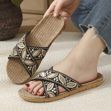 Women's Criss-Cross Linen Slippers, Retro Floral Pattern, Breathable Indoor Floor Slippers For All Seasons - Black - View 8