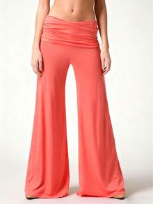 Womens Wide Leg Pants Casual Loose Fit Stylish Solid Color Elastic Pleated Low Rise Trousers - 橘色 - 查看 1