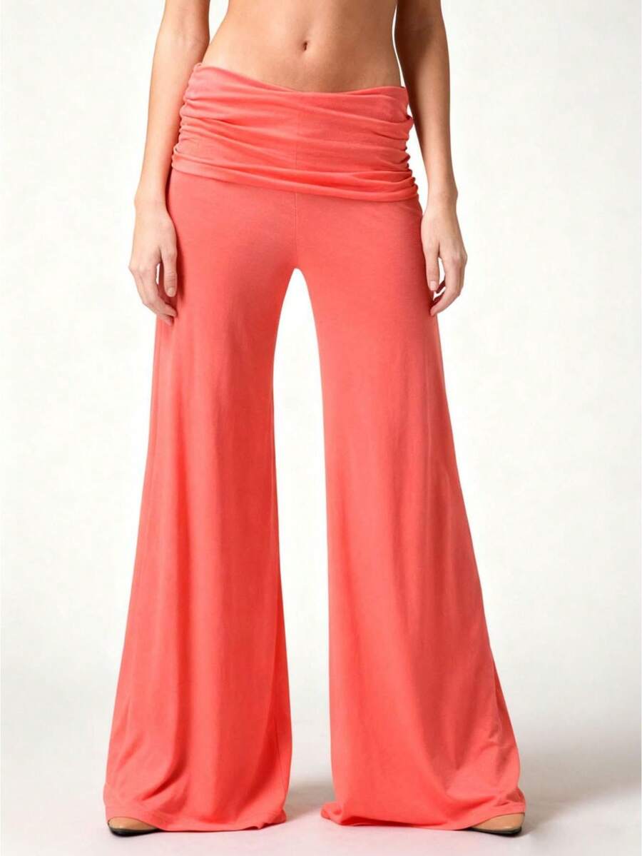 Womens Wide Leg Pants Casual Loose Fit Stylish Solid Color Elastic Pleated Low Rise Trousers - 橘色 - 查看 1