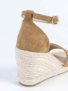 女士坡跟凉鞋，休闲露趾厚底夏季鞋，系带舒适搭扣绳底鞋 [尺码偏大一码] - 卡其色 - 查看 8