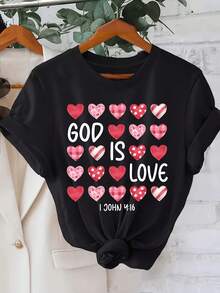 God Is Love Graphic T Shirt Casual Crew Neck Knit Fabric With Regular Length Alphabet Pattern With Heart Design For All Se - Black - View 1