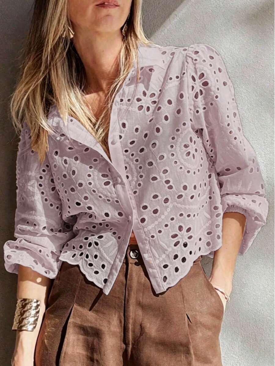 Solid Color Embroidered Ruffle Tie Front Vacation Shirt Pink Summer - Pink - View 1