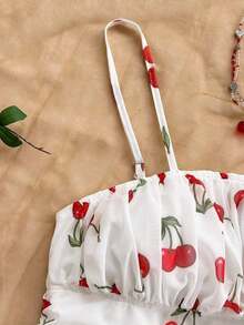Vestido corto con tirantes finos, estampado de cerezas, tul transparente plisado ajustado, ideal para vacaciones de verano mujer - Multicolor - Ver 9