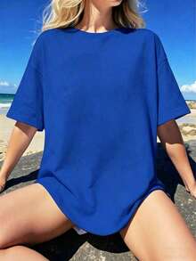 2026 Women's Quality Casual Cotton T-Shirt, Loose Fit Short Sleeve Crew Neck T-Shirt For Spring/Summer - Unisex, Loose Fit, Comfortable, Urban Vintage Style - Unisex Basic T-Shirt - 藍色 - 查看 4