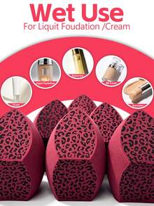 Leopard Print Red Makeup Sponge Set, Large 3-Cut Design, Wet & Dry Use Foundation Sponge, Soft Latex-Free Cosmetic Puff For Liquid Foundation, Cream, Powder, Concealer & Blush, Reusable Makeup Sponges In 2/4/6/8/12 PCS Options - Multicolor - View 4