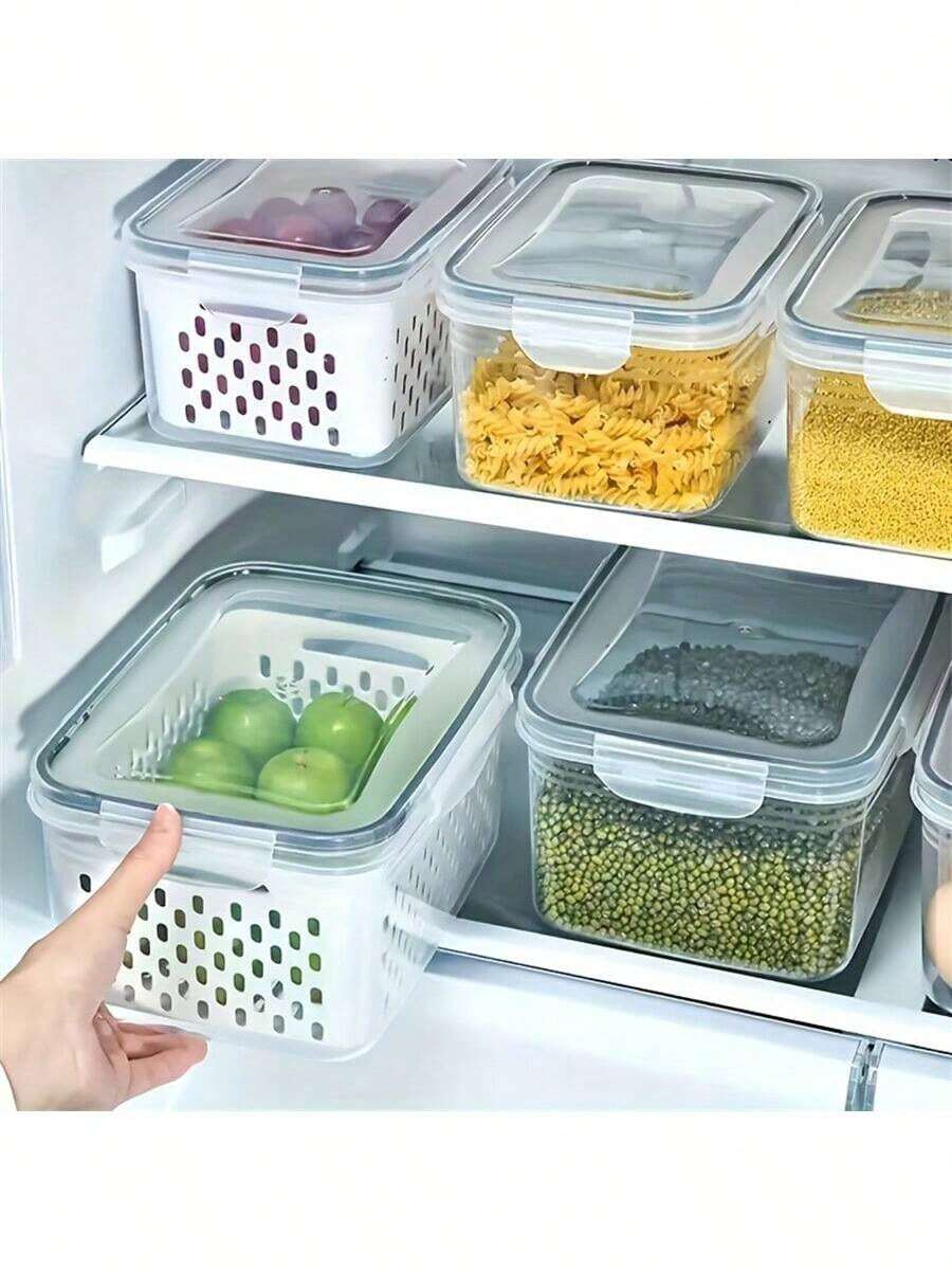 2/6pcs Double-Layer Drain Basket, Refrigerator Fruit & Vegetable Storage Box With Lid, Leak-Proof And Cross-Contamination Prevention, Stackable For Better Space Utilization, Reusable For Kitchen Storage