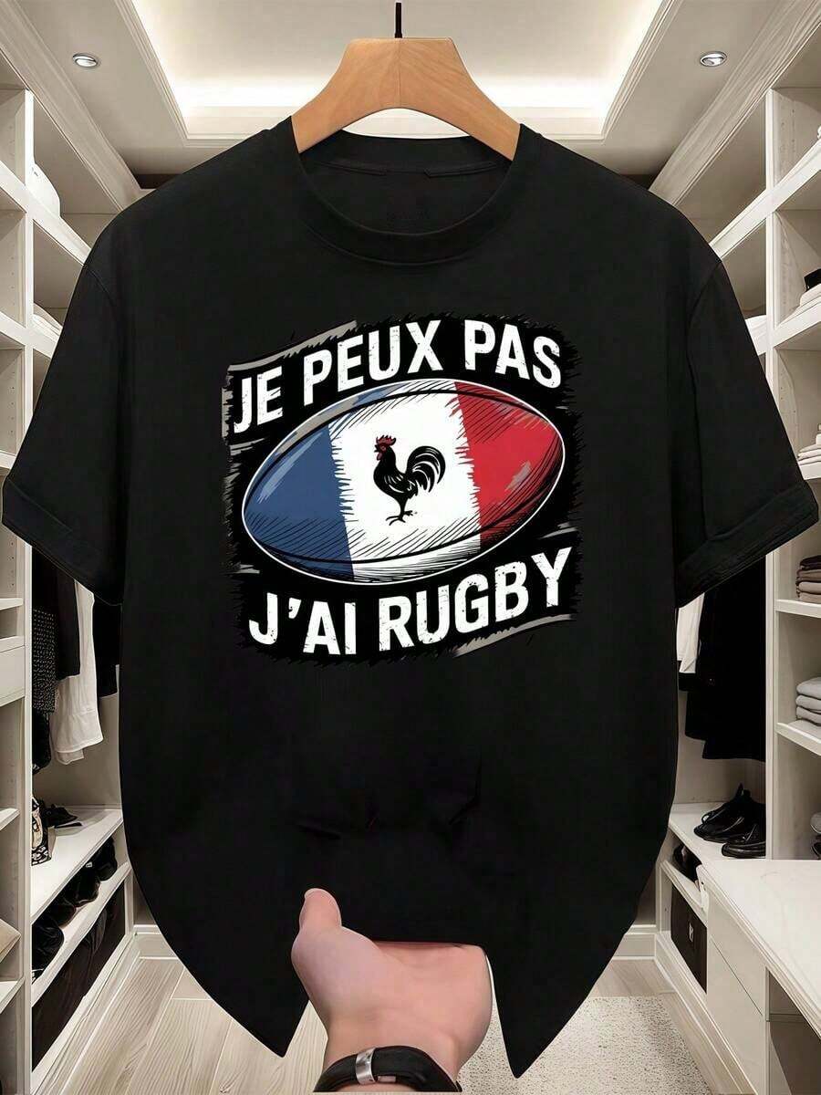 Französisches Rugby-Hahn-T-Shirt: Ich kann kein Rugby verzeihen, Herren-Sommer-Kurzarm-Rundhals-T-Shirt aus reiner Baumwolle 220 g/m² (1 Stück) - Schwarz - Übersicht 1