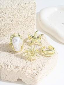 4pcs Ocean Life Seashell, Starfish, Swirl, Sun Baroque Pearl Shape Boho Vintage Style Gold Color Rings For Women - Gold - View 2