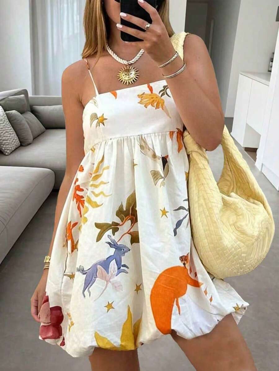 动物与花卉印花休闲度假吊带裙，优雅派对夏季款