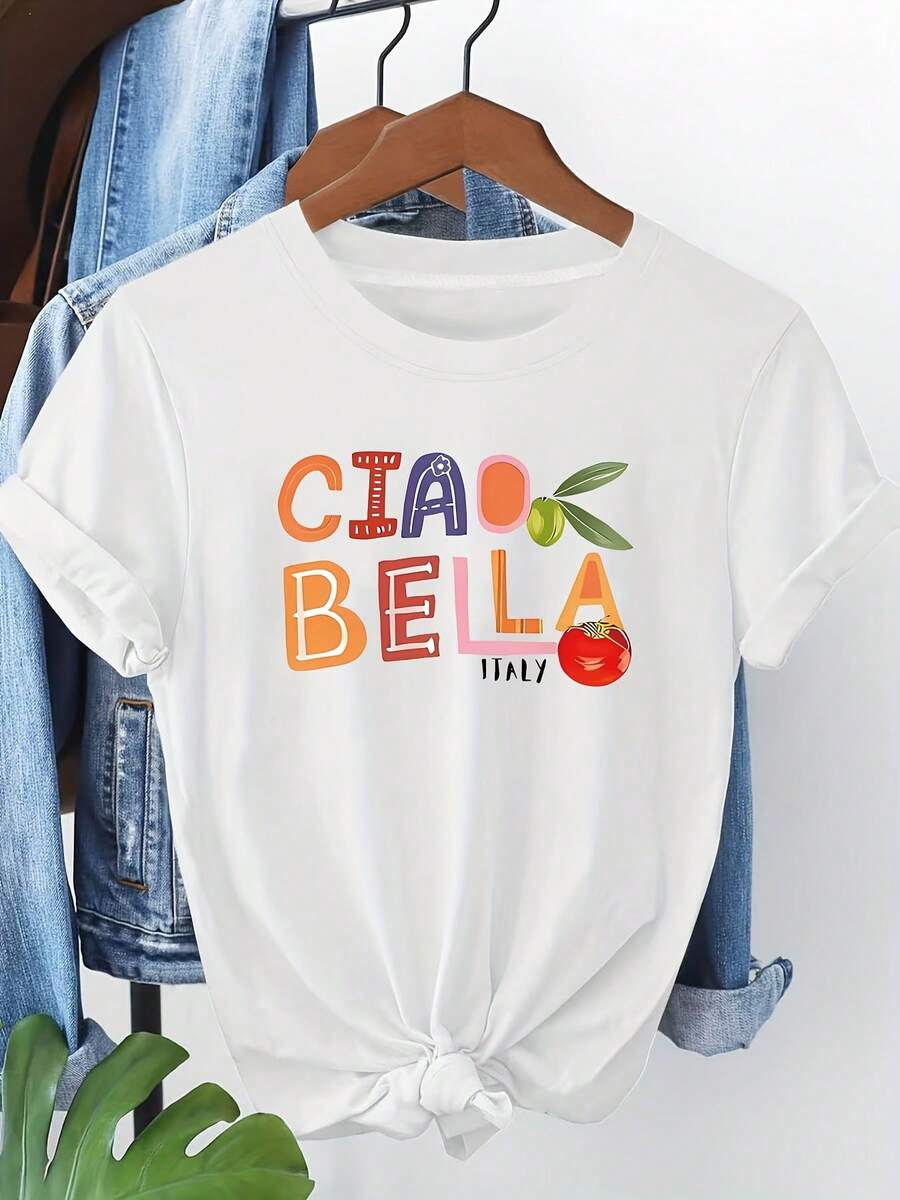 Talla Grande - Talla Grande - CIAO BELLA ITALY Estampado Gráfico Talla Grande Camiseta Casual de Manga Corta con Cuello Redondo para Mujer para Verano y Primavera, Ropa de Mujer - Blanco - Ver 1