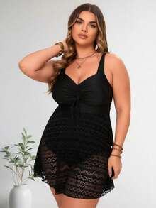 2026 New Arrival Women's Lace Swim Dress, V-Neck Drawstring One Piece Swimsuit With Built-In Briefs, Modest Plus Size Beach Dress - Black - View 8