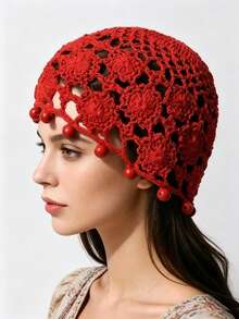 波西米亚风手工镂空串珠钩编贝雷帽，透气轻盈针织女帽 - 多色 - 查看 8