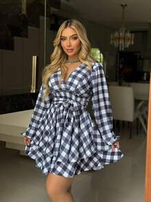 Women's Short Checkered Dress With Puff Sleeves And Layered Skirt, Sizes 38 To 44. - trắng - Xem 4