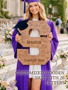 1 pieza Libro de mensajes de graduación de madera personalizado, texto personalizable, Clase de 2026, regalo para mujeres y hombres, decoración de escritorio para fiesta de graduación, accesorio fotográfico premium - Multicolor - Ver 1