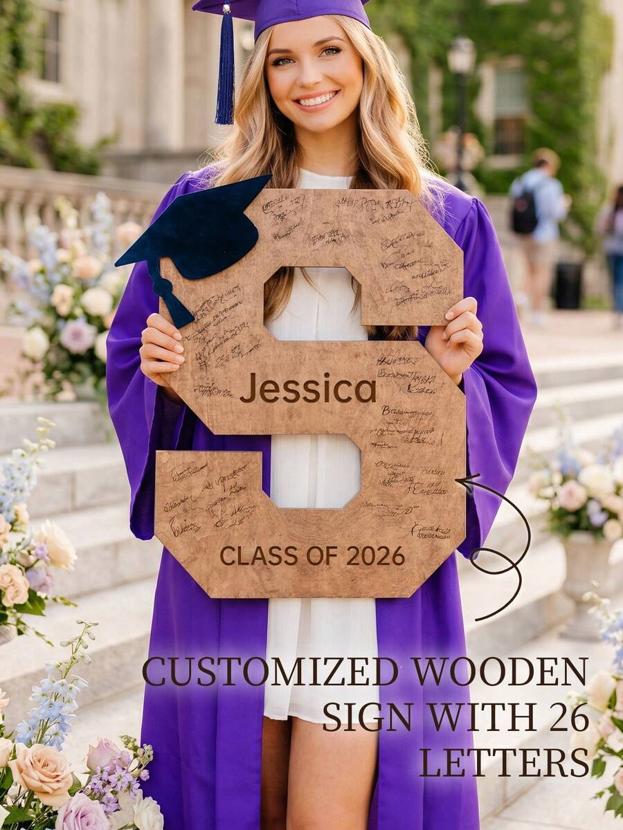 1 pieza Libro de mensajes de graduación de madera personalizado, texto personalizable, Clase de 2026, regalo para mujeres y hombres, decoración de escritorio para fiesta de graduación, accesorio fotográfico premium - Multicolor - Ver 1