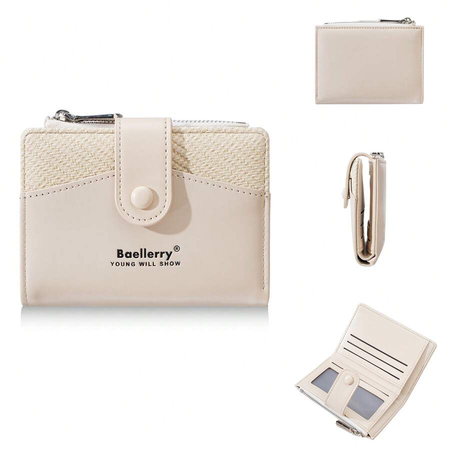 1pc Baellerry Women Short Wallet, Exquisite Canvas + PU Patchwork Short Wallet, With Transparent Window And Zipper Coin Pouch, 6 Card Slots, Snap Closure Portable Wallet - Apricot - View 1