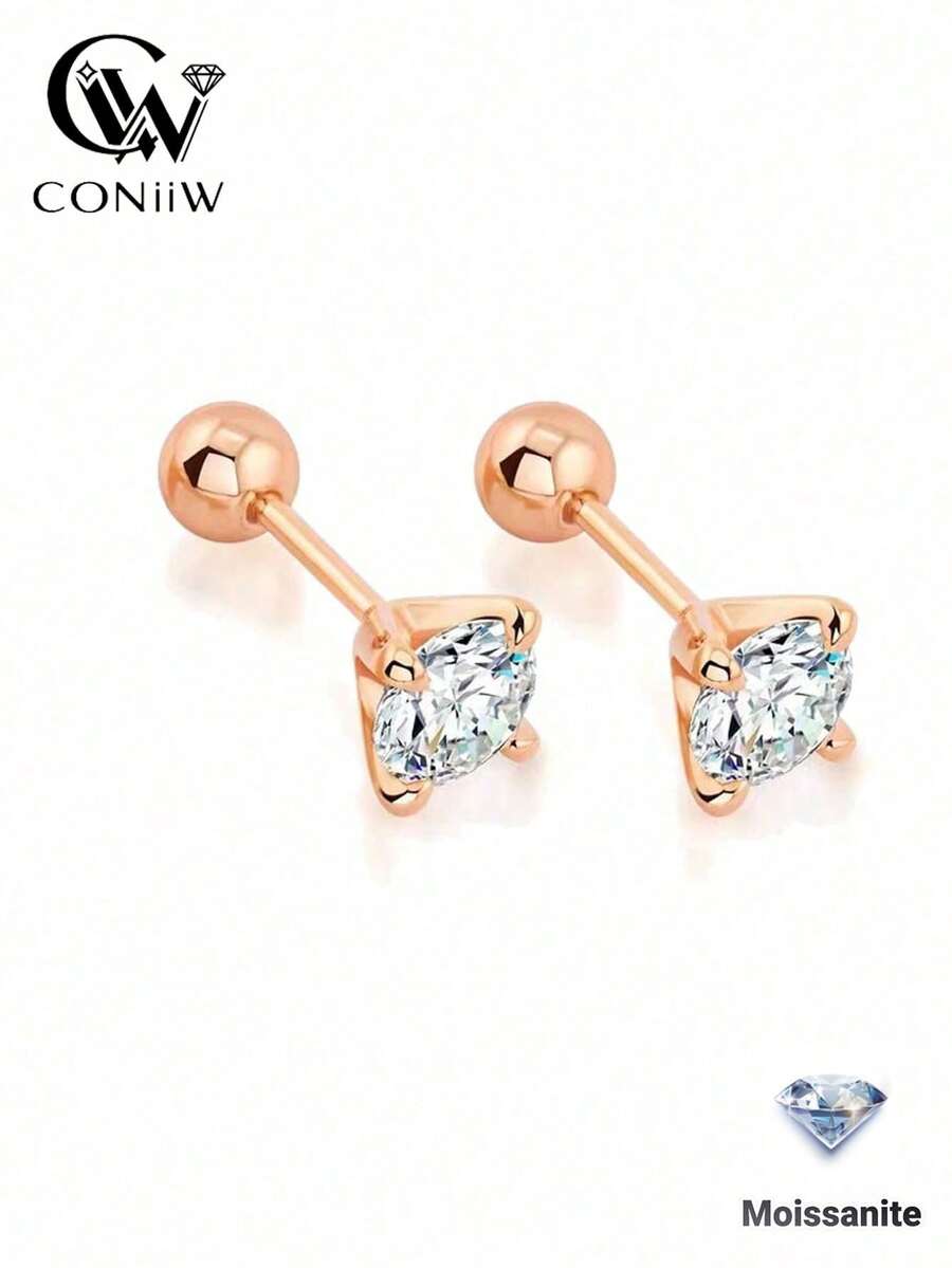 ConiiW 一对925纯银四爪镶嵌圆形莫桑石耳环，时尚简约休闲高品质螺丝耳钉，适合耳软骨、眉钉等穿孔，适合派对、聚会、日常佩戴、约会、运动甚至睡觉时佩戴。是情人节、感恩节、圣诞节、母亲节、父亲节、万圣节、生日、周年纪念日、新年和其他节日的完美礼物。