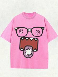 1pc100% Cotton 220g Retro Washed Street Style Men's T-Shirt- Funny Cartoon Character With Black Frame Glasses And Pink Swirl Print, Loose Round Neck Short Sleeve Summer Casual Top, Fun Pattern T-Shirt, Soft Textured Shirt Washed Cotton Men's T-Shirtgraphic Tees Men Summer Outfits - Màu Hồng Tươi - Xem 15