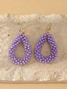 1 Pair Vintage Elegant Fashion Hollow Geometric Handmade Crystal Hoop Earrings, Luxury Handwoven Burgundy Beaded Hoop Earrings Suitable For Valentine's Day, Music Festival, Wedding, Gift For Friends And Lovers, Suitable For Women's Daily, Vacation, Party Wear (Handmade Beaded Color And Position Random) - 深灰色 - 查看 3