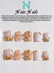 NAIO 10片/套 手工美甲贴片，三种尺寸可选：棺材形/杏仁形/短方形甲片，Y2K 复古风，裸色、白色和金色法式边，饰有花卉浮雕、闪粉、金属玫瑰和金珠，乳霜质地，适合女性和女孩，可用于派对、日常佩戴，附赠工具包，是送给女士美甲爱好者的绝佳礼物。 - 彩色 - 查看 15