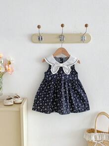 Miniweenns 1件裝女嬰夏季戶外休閒洋裝，復古藝術風，滿版碎花印花，幼兒透氣公主裙 - 藏蓝色 - 查看 12