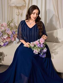 Elegant Plus Size Rhinestone Applique V-Neck Long Formal Dress, Charming Sleeveless Flared Evening Gown With Contrast Mesh Details Wedding Party Fall - Royal Blue - View 6