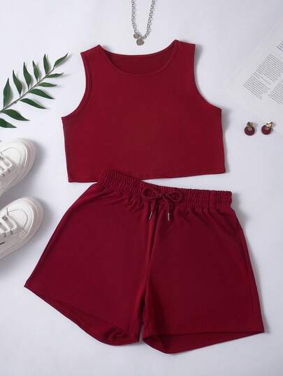 New Summer Women's Casual Pink Vest And Shorts Vacation 2pcs/Set