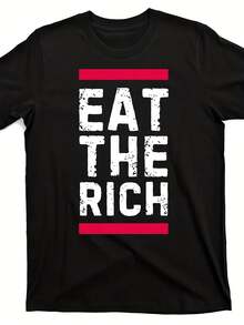 Camiseta "Eat-the-Rich" Mismo estilo para hombres y mujeres, camiseta estampada de manga corta de verano 2025, 100% algodón 220G, moda urbana, ropa de protesta, moda unisex, camiseta con estampado gráfico, tela ligera, estampado duradero, camiseta oversize, camiseta política, urbana. - Negro - Ver 1