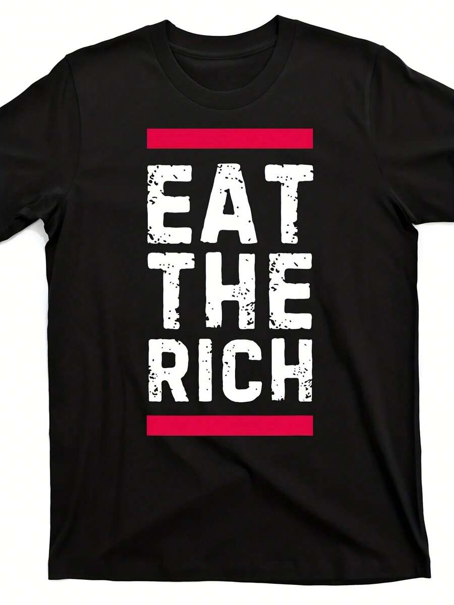 Camiseta "Eat-the-Rich" Mismo estilo para hombres y mujeres, camiseta estampada de manga corta de verano 2025, 100% algodón 220G, moda urbana, ropa de protesta, moda unisex, camiseta con estampado gráfico, tela ligera, estampado duradero, camiseta oversize, camiseta política, urbana. - Negro - Ver 1