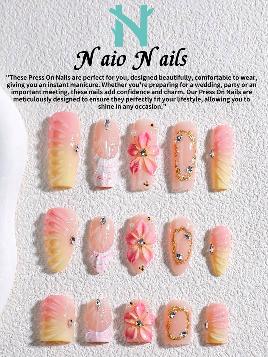 NAIO 10片/組 手工壓接式假指甲,3種尺寸:棺材形/杏仁形/短方形指尖,Y2K辣妹風,裸色/黃色/粉色法式邊緣,混色,花卉浮雕,貝殼波浪圖案,奶油質感,女款女孩,派對與日常穿搭,工具組,禮品美甲用品 - 彩色 - 查看 1