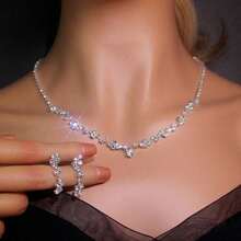 3pcs Simple Waterdrop-Shaped Rhinestone Necklace And Earrings Set Suitable For Women's Wedding, Birthday, Commemoration, Party - Silver Level 2 - View 2