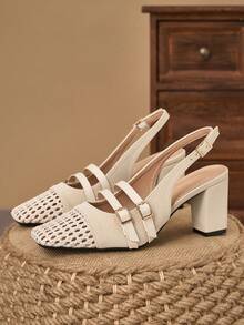 WHDXY Sandal Wanita Gaya Eropa dan Amerika 7cm dengan Desain Berongga, Gesper Ganda, Ujung Tertutup, Hak Tebal, Warna Aprikot, Bernapas, Serbaguna, Cocok untuk Bepergian, Bekerja, Kencan, dan Pesta - Aprikot - View 2