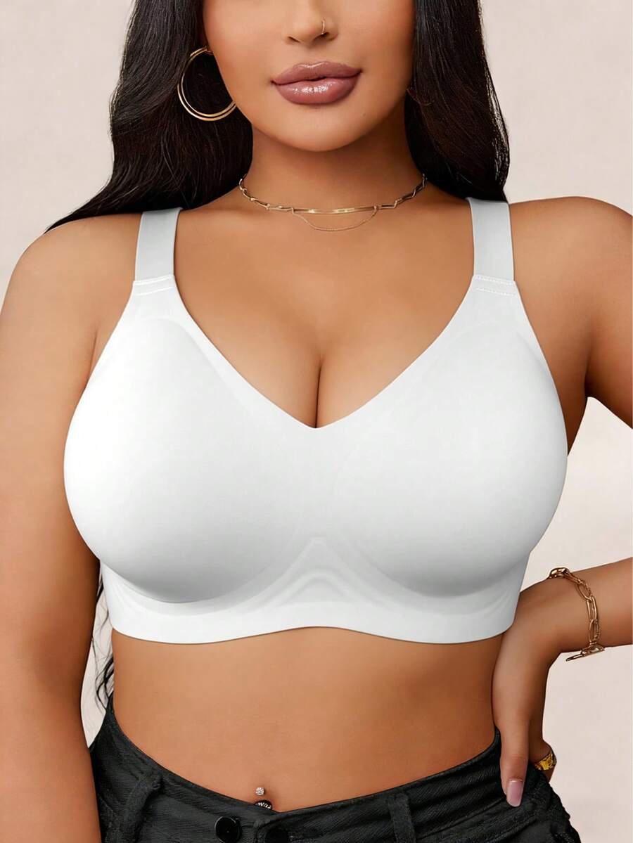 1pc Plus Size Full Coverage Wireless Jelly Texture Bra, Removable Padding, Comfortable Basic Solid Color Everyday Wear - White - View 1