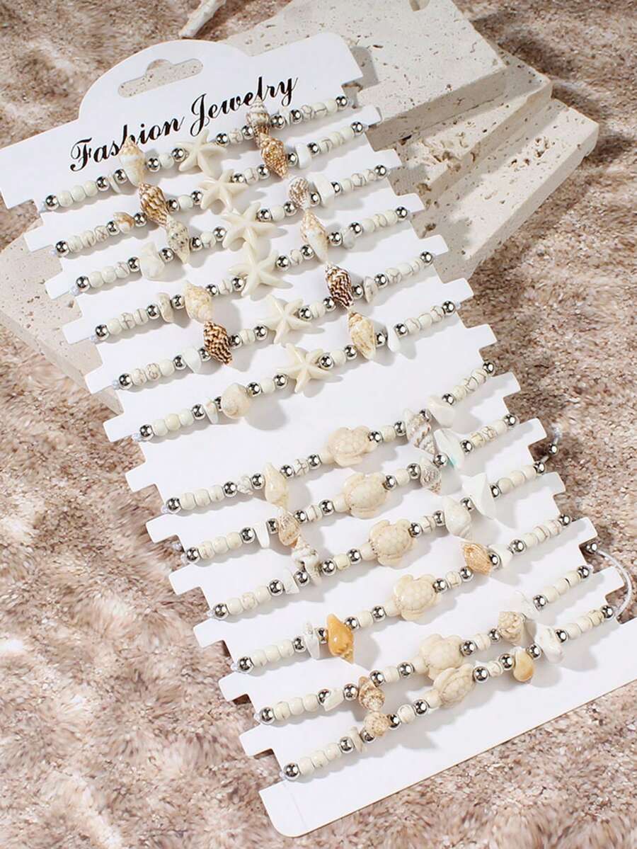 12 Stück/Set Seestern, Schildkröte, Muschel & Türkis Perlen Armband Set, Sommer Strand Freundschaftsarmbänder für Männer & Frauen - Verschiedenfarbig - Übersicht 1