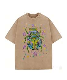 CottonWashable T-Shirt-Colorful Beetle Party Printed T-Shirt,Perfect For Everyday Wear,Gifts For Father'S Day-Summer Tops-New Summer Outfits For Women - 棕色 - 查看 4