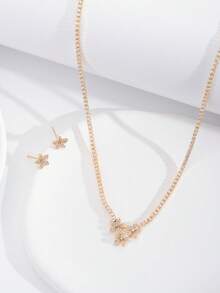 1 Conjunto Elegante e Luxuoso de Colar e Brincos com Desenho de Florzinha Incrustada de Zircônia Cúbica, Adequado para Casamento e Uso em Festas de Mulheres, Inclui 1 Par de Brincos e 1 Colar, Excluindo a Caixa de Presente - Ouro amarelo - Visão 3